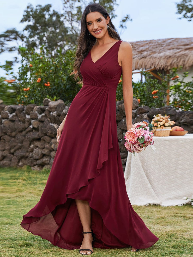 High-Low Ruffles V-Neck Bridesmaid Dress with Waist Pleating