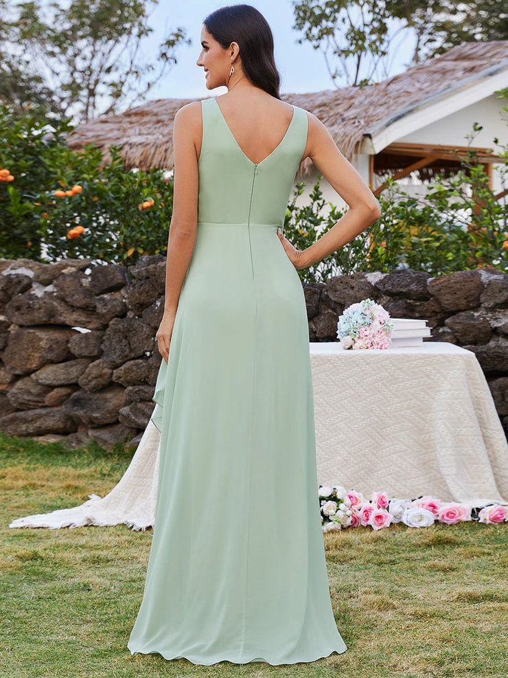 High-Low Ruffles V-Neck Bridesmaid Dress with Waist Pleating