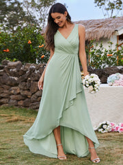 High-Low Ruffles V-Neck Bridesmaid Dress with Waist Pleating