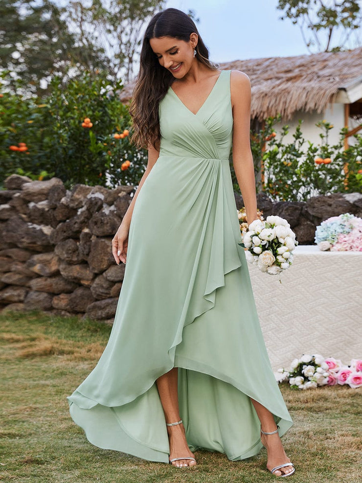 High-Low Ruffles V-Neck Bridesmaid Dress with Waist Pleating