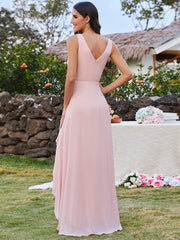 High-Low Ruffles V-Neck Bridesmaid Dress with Waist Pleating