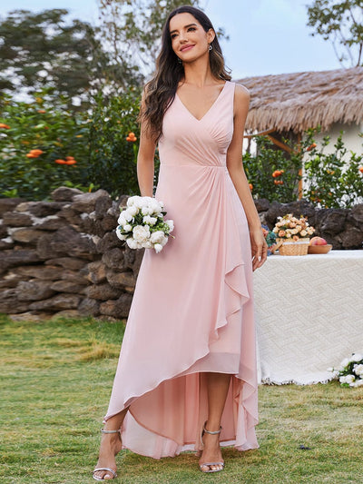 High-Low Ruffles V-Neck Bridesmaid Dress with Waist Pleating