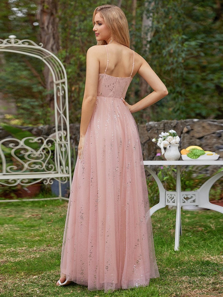 Sparkling Empire Waist Sleeveless Tulle Bridesmaid Dress with V-neck