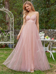 Sparkling Empire Waist Sleeveless Tulle Bridesmaid Dress with V-neck