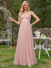 Sparkling Empire Waist Sleeveless Tulle Bridesmaid Dress with V-neck