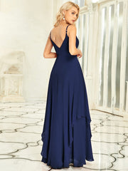 Pearl-Embellished Waist Ruffled V-Neck Sleeveless Chiffon Bridesmaid Dress