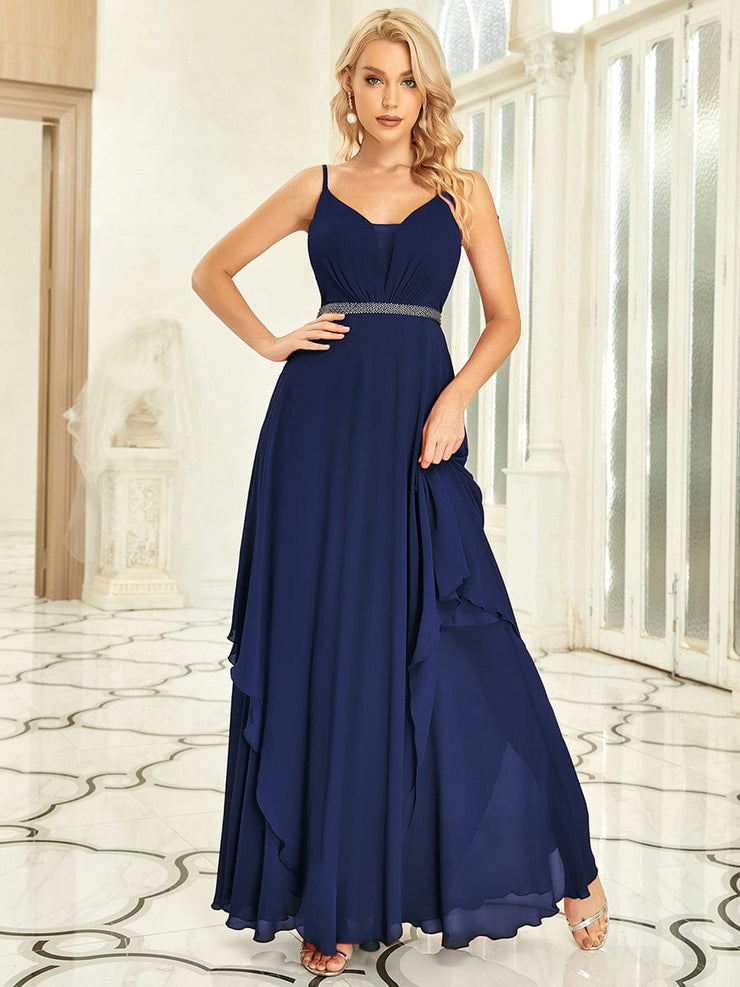 Pearl-Embellished Waist Ruffled V-Neck Sleeveless Chiffon Bridesmaid Dress