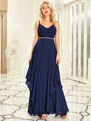 Pearl-Embellished Waist Ruffled V-Neck Sleeveless Chiffon Bridesmaid Dress