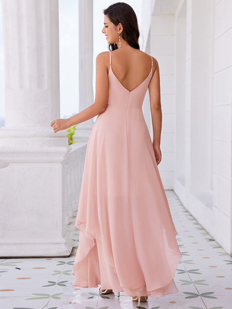 Pearl-Embellished Waist Ruffled V-Neck Sleeveless Chiffon Bridesmaid Dress