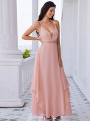 Pearl-Embellished Waist Ruffled V-Neck Sleeveless Chiffon Bridesmaid Dress