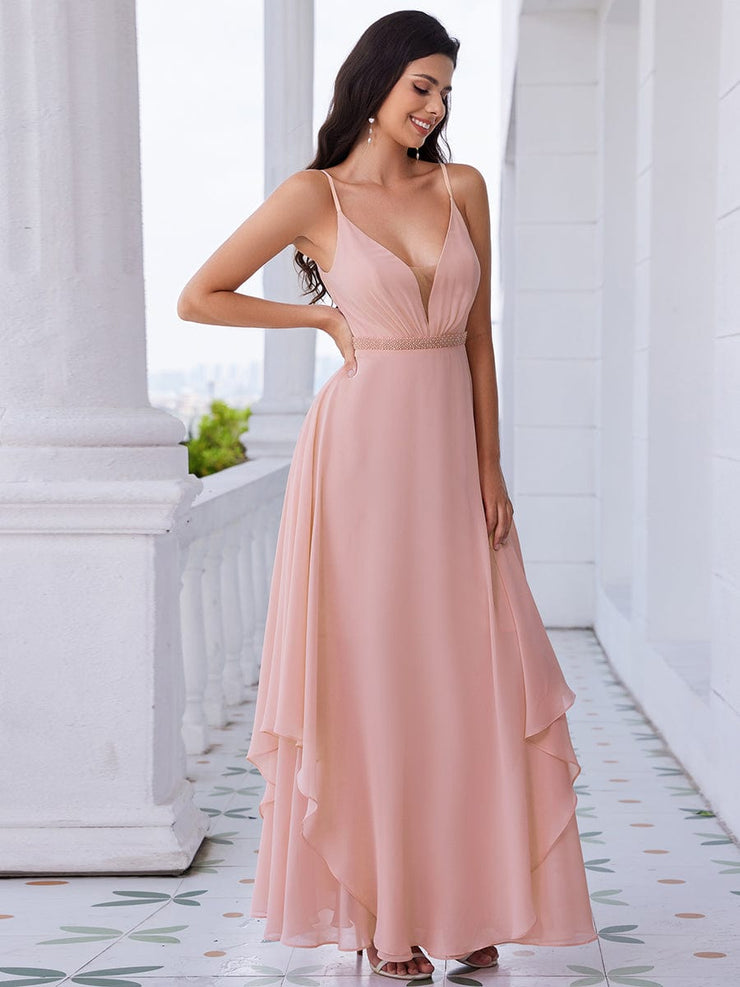 Pearl-Embellished Waist Ruffled V-Neck Sleeveless Chiffon Bridesmaid Dress