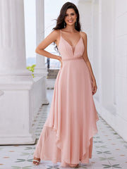 Pearl-Embellished Waist Ruffled V-Neck Sleeveless Chiffon Bridesmaid Dress