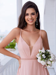 Pearl-Embellished Waist Ruffled V-Neck Sleeveless Chiffon Bridesmaid Dress