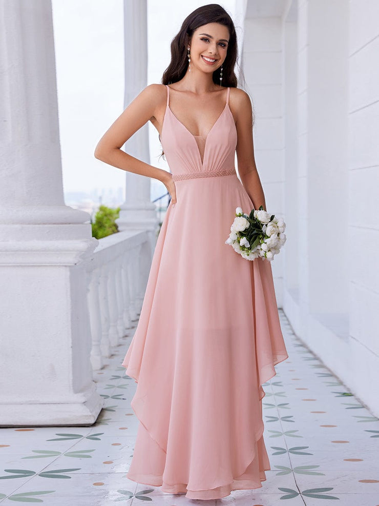 Pearl-Embellished Waist Ruffled V-Neck Sleeveless Chiffon Bridesmaid Dress