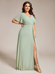 A-Line Ruffle Sleeves and High Slit Chiffon Bridesmaid Dress with V-Neck