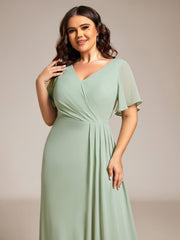 Plus Size A-Line Ruffle Sleeves High Slit Chiffon Bridesmaid Dress