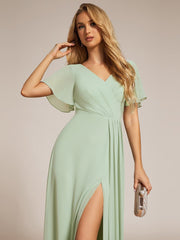 A-Line Ruffle Sleeves and High Slit Chiffon Bridesmaid Dress with V-Neck