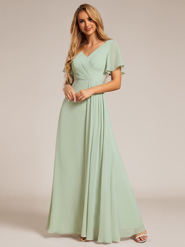 A-Line Ruffle Sleeves and High Slit Chiffon Bridesmaid Dress with V-Neck