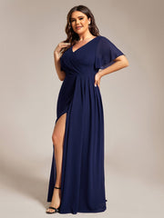 A-Line Ruffle Sleeves and High Slit Chiffon Bridesmaid Dress with V-Neck