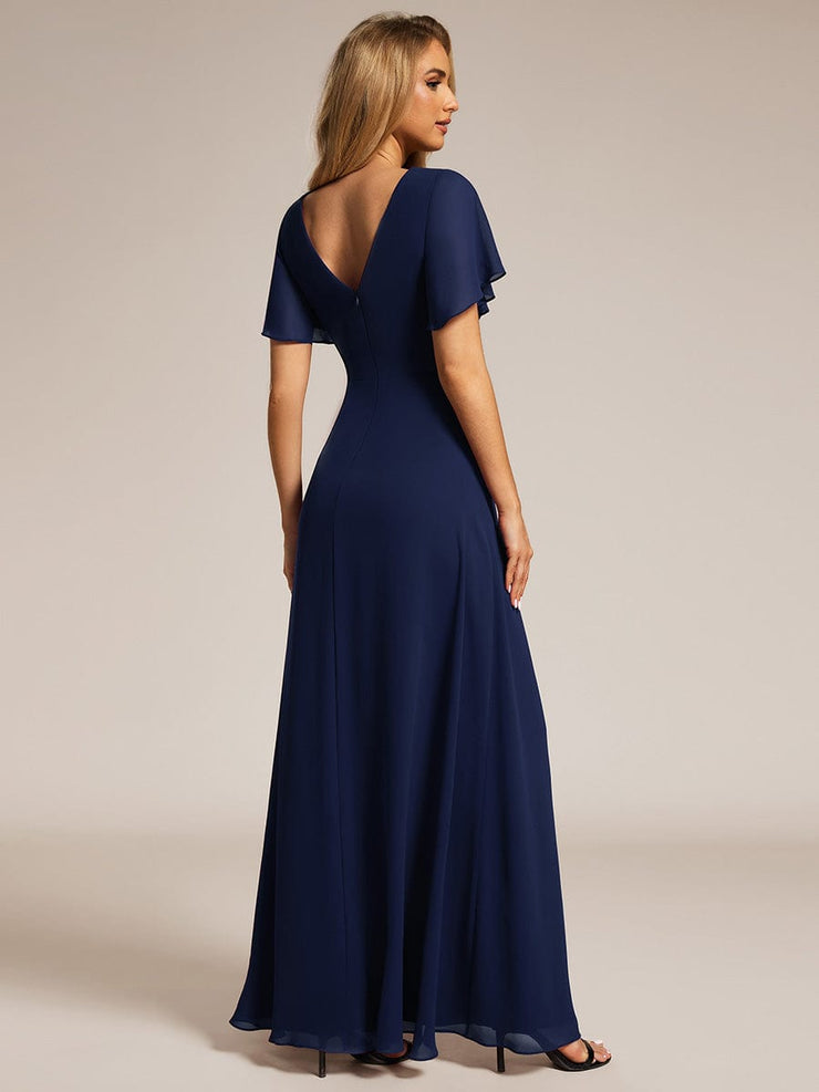 A-Line Ruffle Sleeves and High Slit Chiffon Bridesmaid Dress with V-Neck