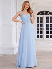 Chic V-Neck Pleated Sleeveless Applique Waist Bridesmaid Dress