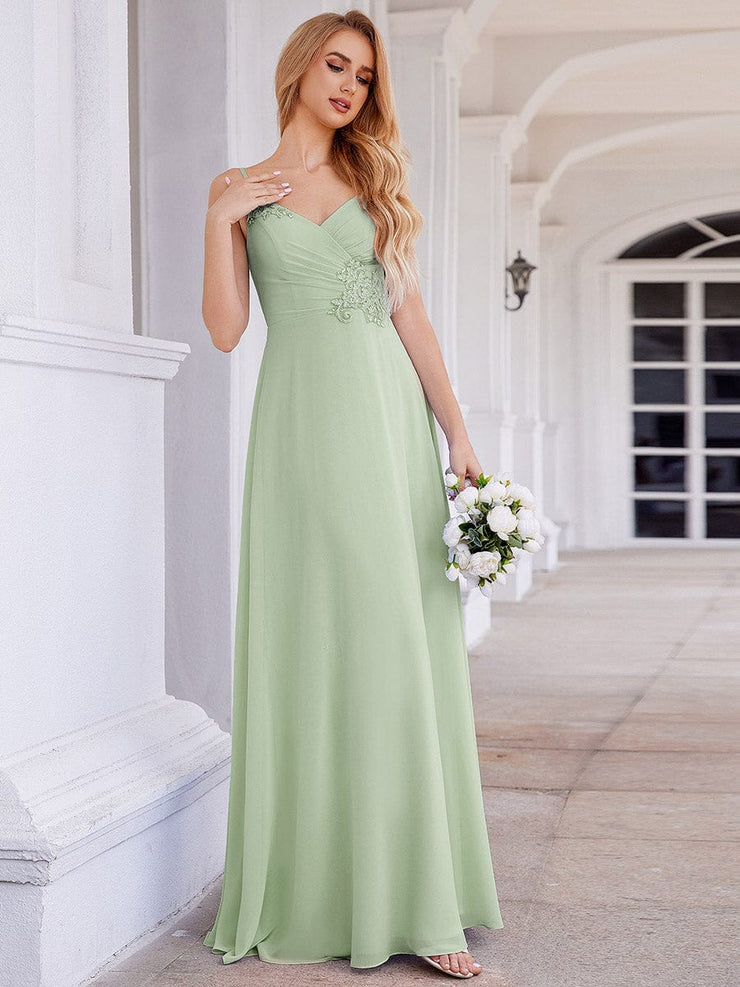 Chic V-Neck Pleated Sleeveless Applique Waist Bridesmaid Dress