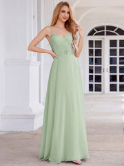 Chic V-Neck Pleated Sleeveless Applique Waist Bridesmaid Dress