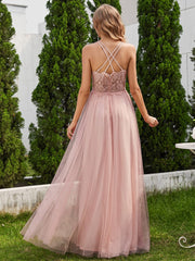 Lace Back Cross-Strap V-Neck Pleated Sleeveless Tulle Bridesmaid Dress