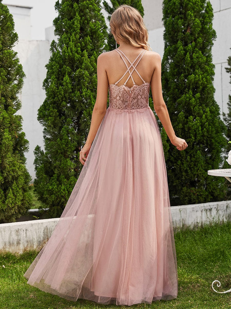 Lace Back Cross-Strap V-Neck Pleated Sleeveless Tulle Bridesmaid Dress