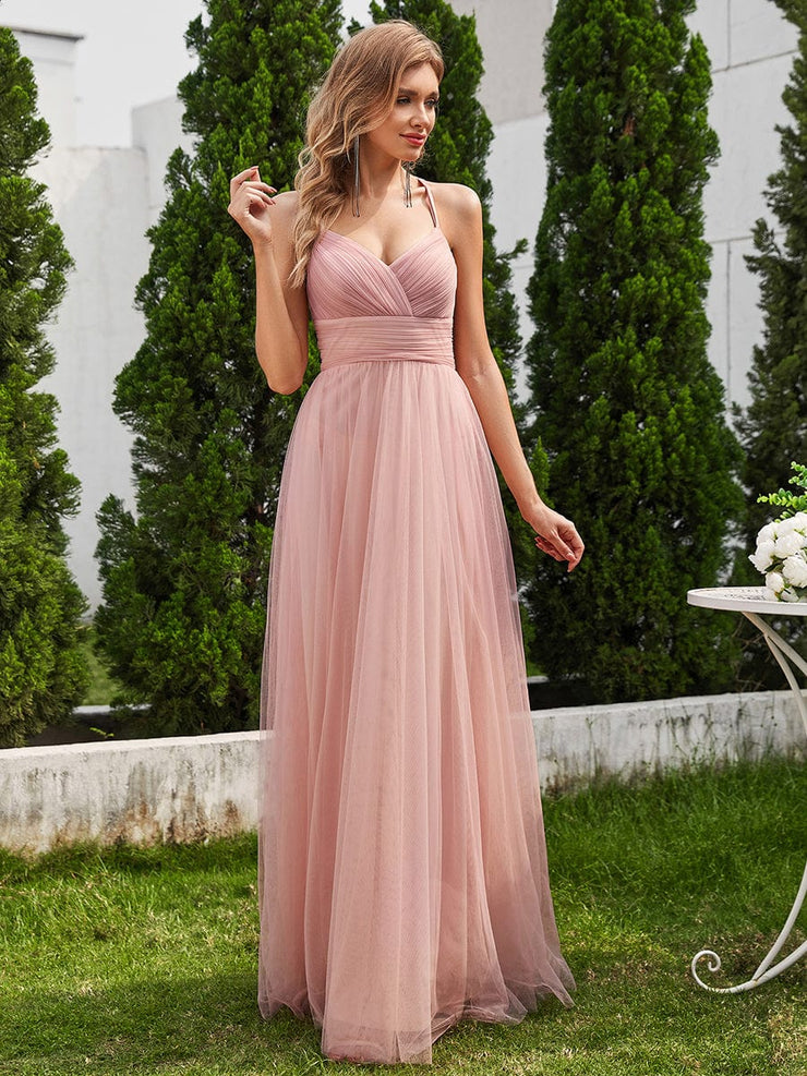 Lace Back Cross-Strap V-Neck Pleated Sleeveless Tulle Bridesmaid Dress