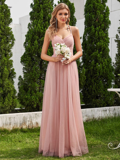 Lace Back Cross-Strap V-Neck Pleated Sleeveless Tulle Bridesmaid Dress