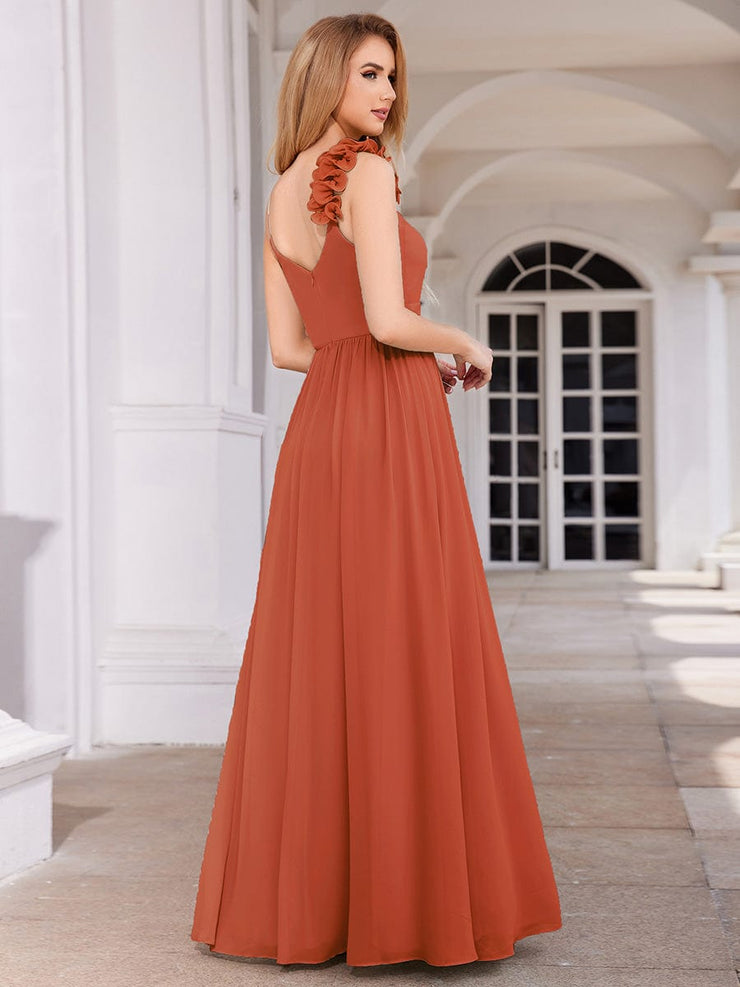 Elegant V-Neck Floral Strap Empire Waist Chiffon Bridesmaid Dress