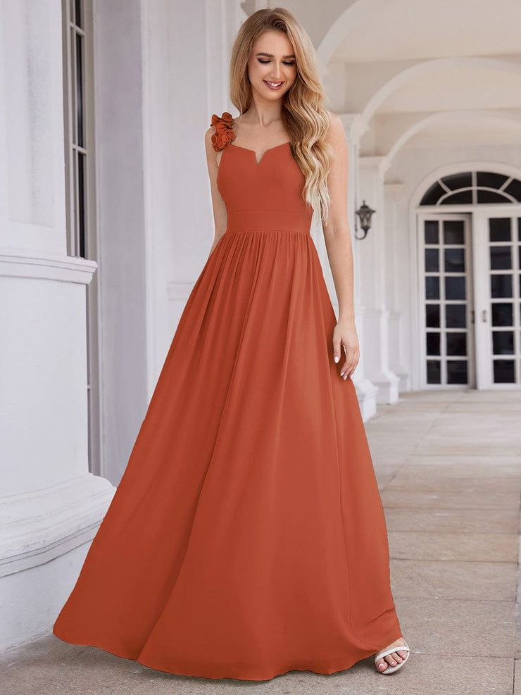 Elegant V-Neck Floral Strap Empire Waist Chiffon Bridesmaid Dress