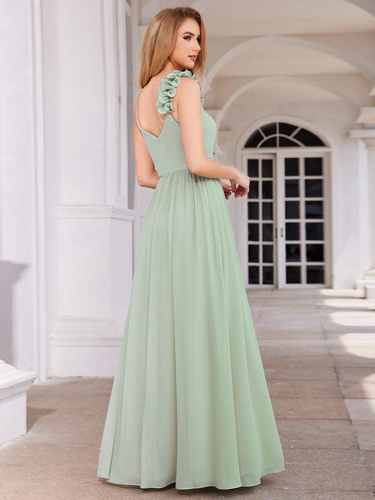 Elegant V-Neck Floral Strap Empire Waist Chiffon Bridesmaid Dress