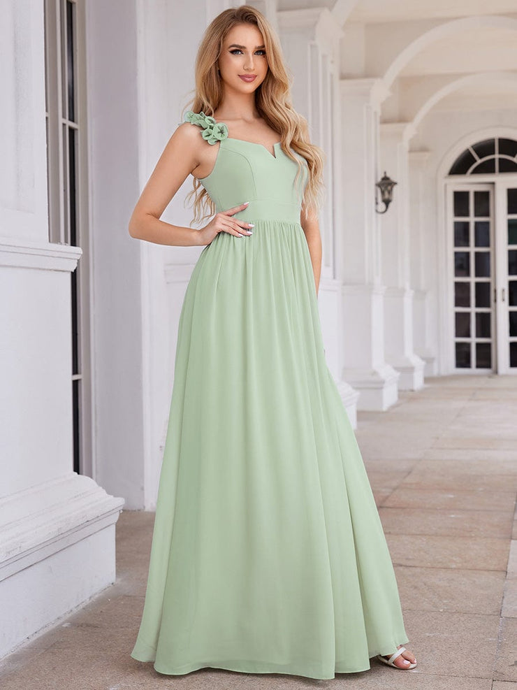 Elegant V-Neck Floral Strap Empire Waist Chiffon Bridesmaid Dress