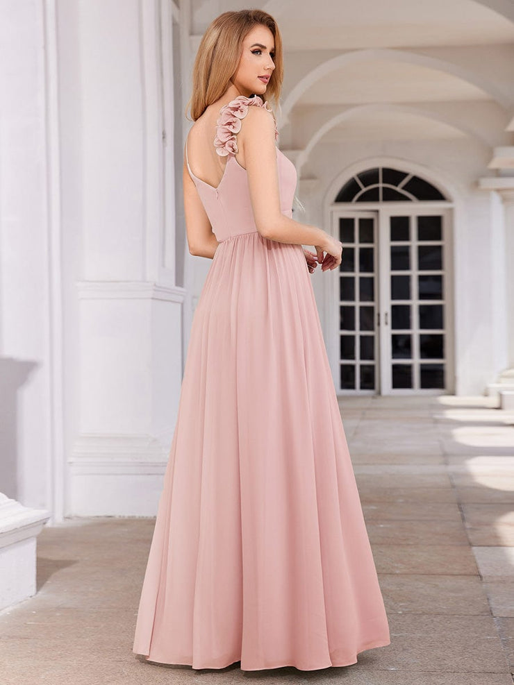 Elegant V-Neck Floral Strap Empire Waist Chiffon Bridesmaid Dress