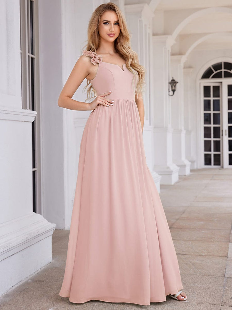 Elegant V-Neck Floral Strap Empire Waist Chiffon Bridesmaid Dress