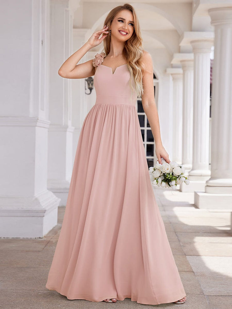 Elegant V-Neck Floral Strap Empire Waist Chiffon Bridesmaid Dress