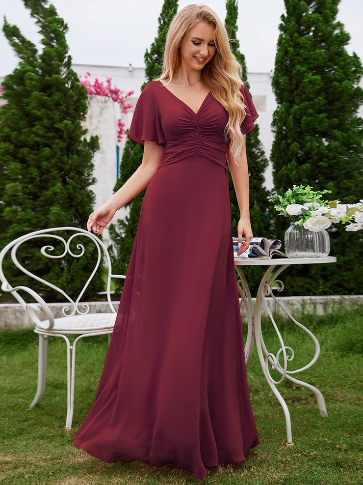 A-Line Ruffle Sleeves Chiffon Bridesmaid Dress with V-Neck Pleats