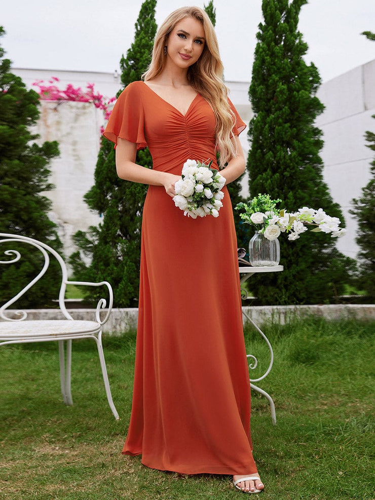 A-Line Ruffle Sleeves Chiffon Bridesmaid Dress with V-Neck Pleats