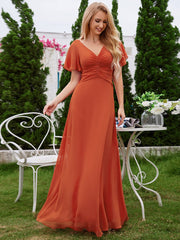 A-Line Ruffle Sleeves Chiffon Bridesmaid Dress with V-Neck Pleats