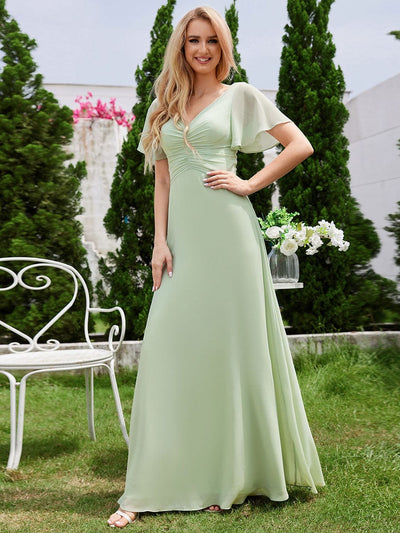 A-Line Ruffle Sleeves Chiffon Bridesmaid Dress with V-Neck Pleats