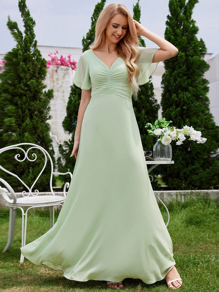 A-Line Ruffle Sleeves Chiffon Bridesmaid Dress with V-Neck Pleats