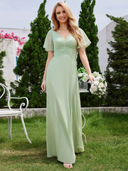 A-Line Ruffle Sleeves Chiffon Bridesmaid Dress with V-Neck Pleats