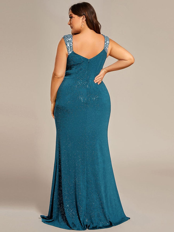 Elegant Sequin V Neck High Slit Evening Dress