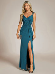 Elegant Sequin V Neck High Slit Evening Dress