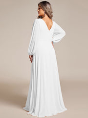 Plus Size Pleated Double V-Neck Long Sleeves Shiny Belt Chiffon Evening Dress