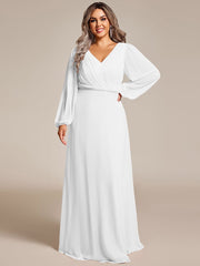 Plus Size Pleated Double V-Neck Long Sleeves Shiny Belt Chiffon Evening Dress