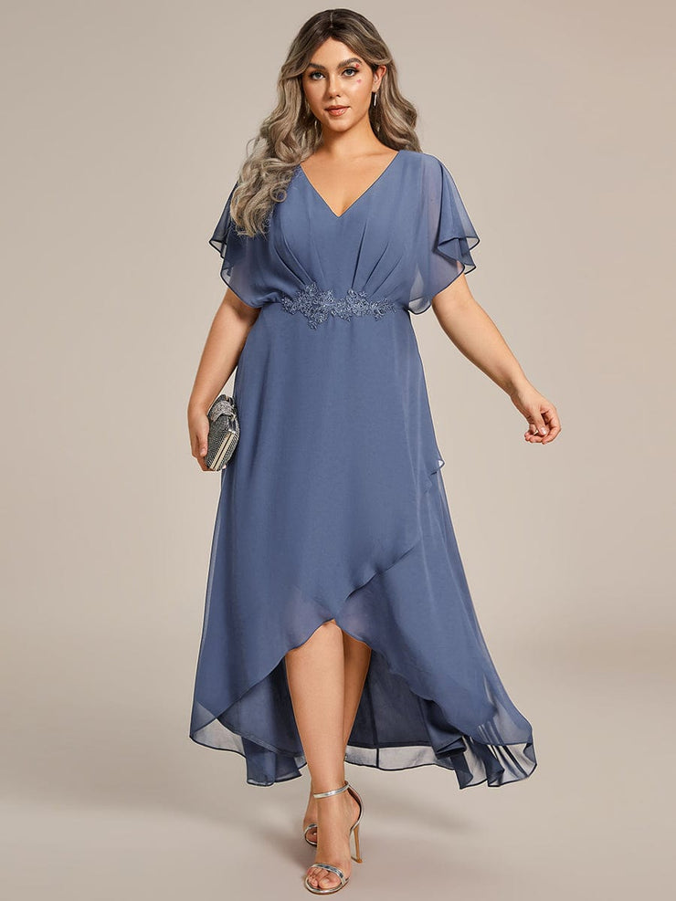 Plus Size Waist Applique A-Line Chiffon V-Neck Evening Dress