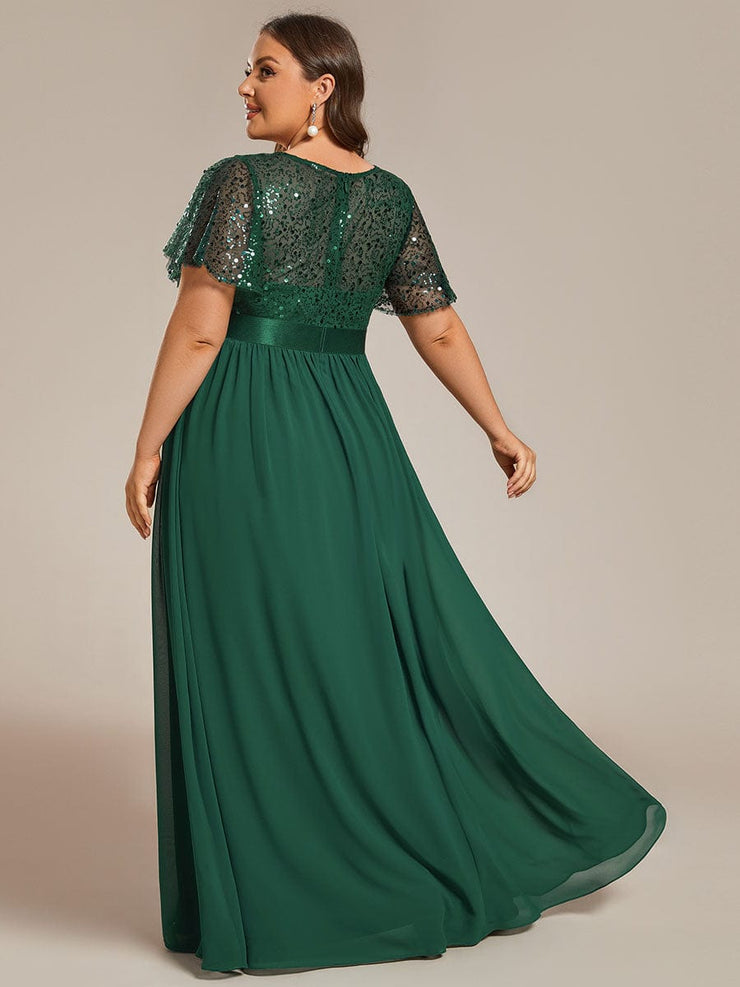 Plus Size High Waist Sequin Round-Neck Short-Sleeved Evening Dress